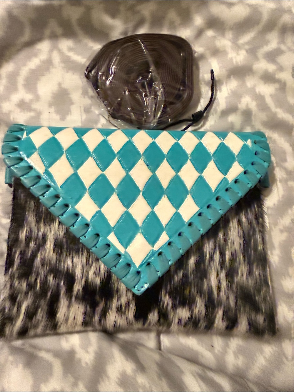 Turquoise and White Diamond-Pattern Envelope Clutch Handbag